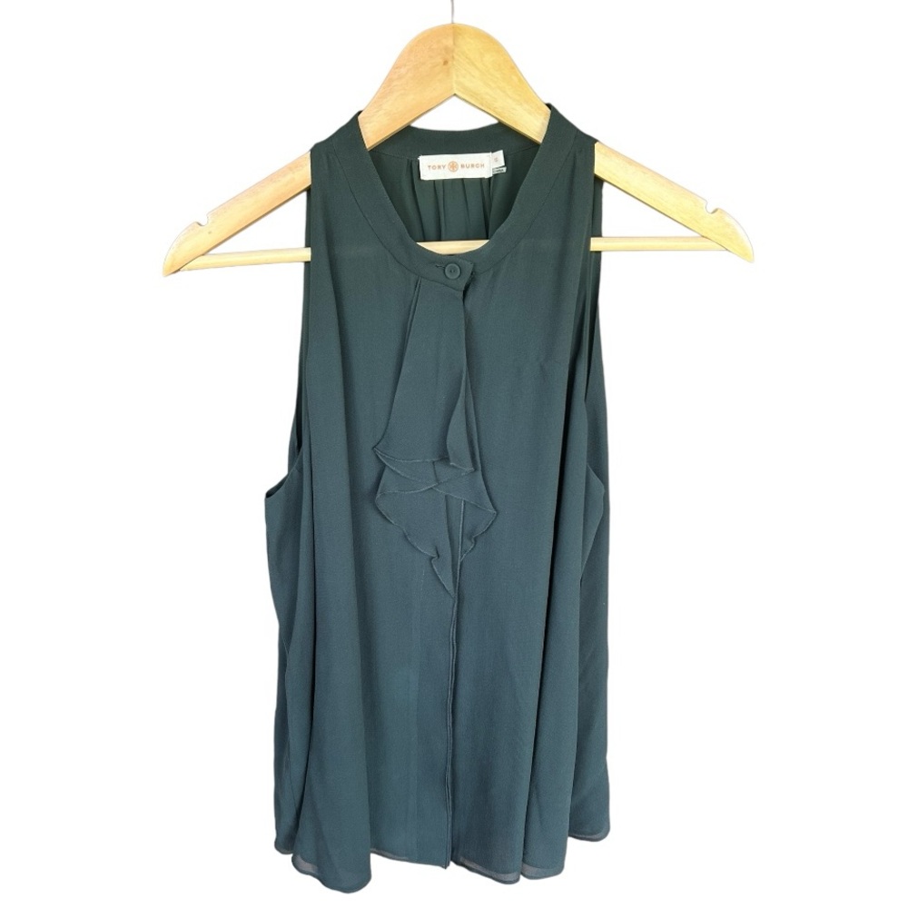 Tory Burch Forest Green Ruffle Front Sleeveless Tank